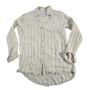 Halston Linen Stripe Button Down Shirt Women Medium Beige Tan Long Sleeve